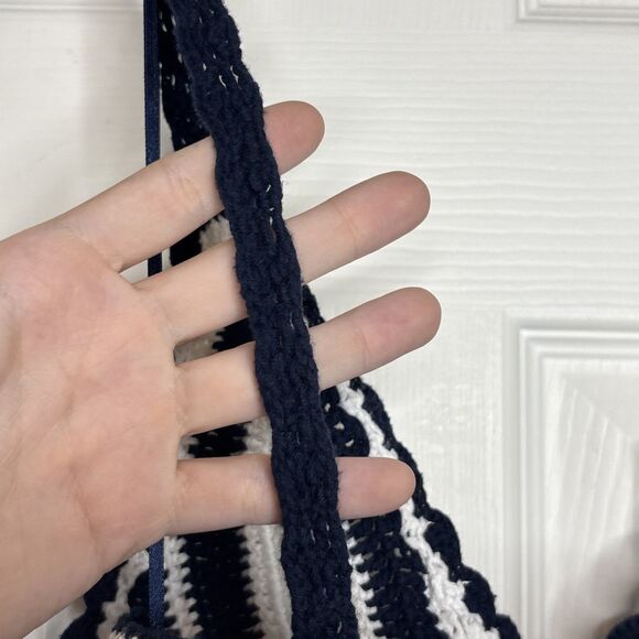 Zara Knit Tank Top M Black White Striped Crochet Sleeveless Tassel Hem Boho - Picture 7 of 9